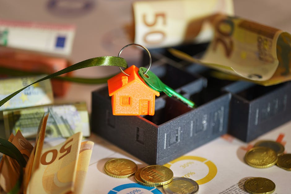 A close-up view of a black plastic money box positioned on a flat surface, partially filled with various denominations of Euro banknotes and coins, with some banknotes draped over the edge of the box. Attached to the money box is a small orange plastic house-shaped keychain with a green key and a metallic keyring, indicating it is involved in the home relocation process. The background is blurred and includes additional Euro banknotes and possibly some packaging or documentation materials, suggesting preparations for a moving or packing activity. This scene is related to house removals and financial aspects of a move, as illustrated by the presence of currency and packing elements.